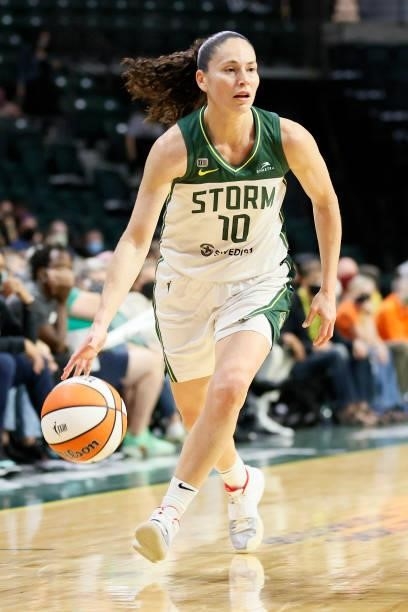 Sue Bird of the Seattle Storm dribbles against the New York Liberty during the first quarter at Angel of the Winds Arena on September 02, 2021 in...
