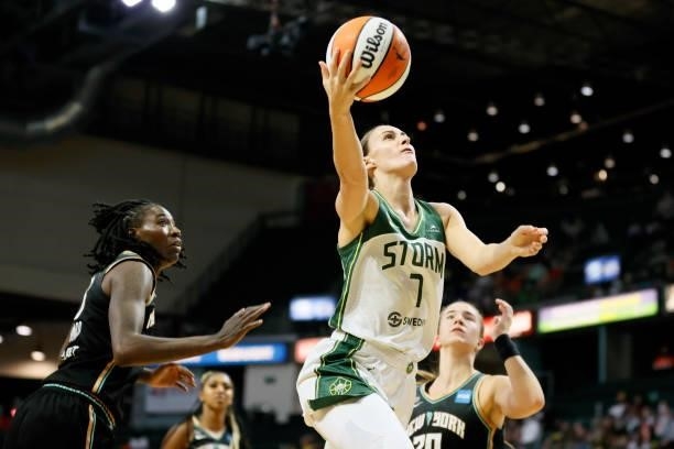 Stephanie Talbot of the Seattle Storm shoots against New York Liberty during the first quarter at Angel of the Winds Arena on September 02, 2021 in...