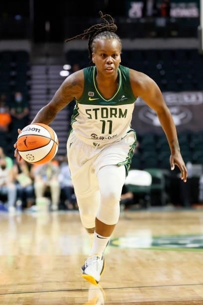 Epiphanny Prince of the Seattle Storm dribbles against the New York Liberty during the first quarter at Angel of the Winds Arena on September 02,...