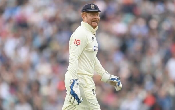 Jonny Bairstow of England smiles during the third day of the 4th LV= Test Match between England and India at The Kia Oval on September 04, 2021 in...