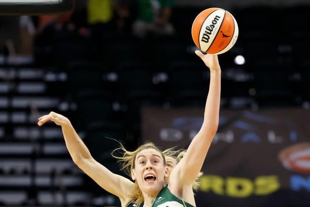 Breanna Stewart of the Seattle Storm gathers the ball against the New York Liberty during the fourth quarter at Angel of the Winds Arena on September...