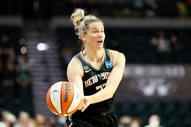 Sami Whitcomb of the New York Liberty looks to pass during the fourth quarter against the Seattle Storm at Angel of the Winds Arena on September 02,...