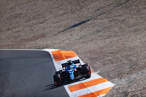 Fernando Alonso of Spain driving the Alpine A521 Renault during final practice ahead of the F1 Grand Prix of The Netherlands at Circuit Zandvoort on...