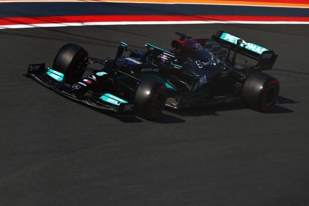 Lewis Hamilton of Great Britain driving the Mercedes AMG Petronas F1 Team Mercedes W12 during qualifying ahead of the F1 Grand Prix of The...