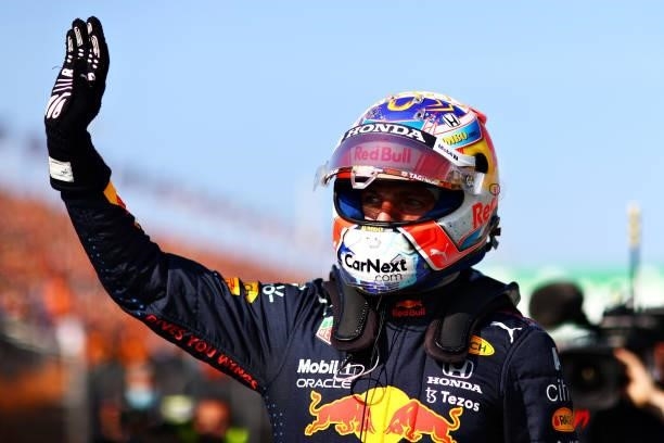 Pole position qualifier Max Verstappen of Netherlands and Red Bull Racing celebrates in parc ferme during qualifying ahead of the F1 Grand Prix of...