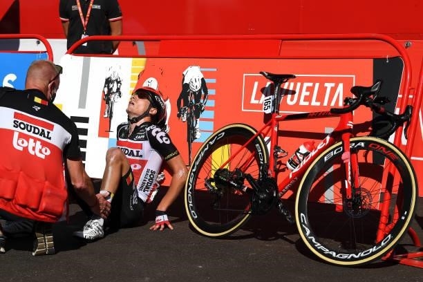 Sylvain Moniquet of Belgium and Team Lotto Soudal reacts after crosses the finishing line during the 76th Tour of Spain 2021, Stage 20 a 202,2km km...