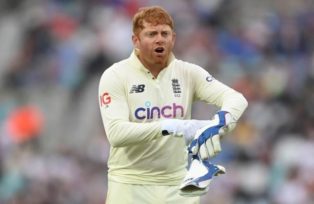 Jonny Bairstow of England gestures during the third day of the 4th LV= Test Match between England and India at The Kia Oval on September 04, 2021 in...