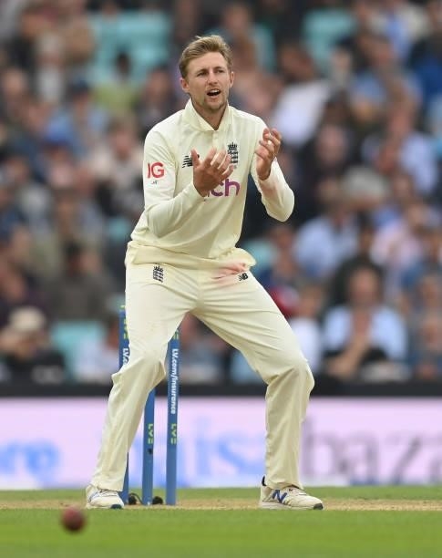 Joe Root of England reacts during the third day of the 4th LV= Test Match between England and India at The Kia Oval on September 04, 2021 in London,...