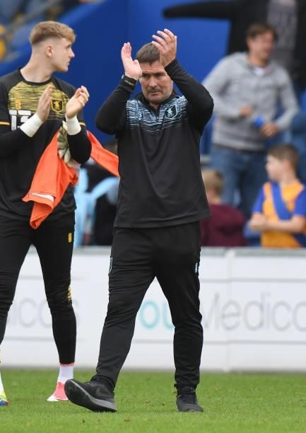 Mansfield Town Manager Nigel Clough reacts during the Sky Bet League Two match between Mansfield Town and Harrogate Town at One Call Stadium on...