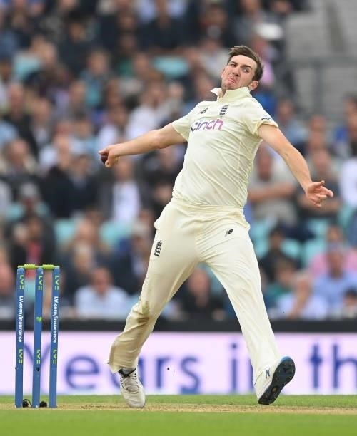 Craig Overton of England bowls during the third day of the 4th LV= Test Match between England and India at The Kia Oval on September 04, 2021 in...