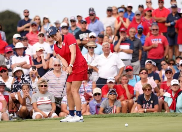 Ally Ewing of Team USA putts on the 12th green during the Foursomes Match on day one of the Solheim Cup at the Inverness Club on September 04, 2021...