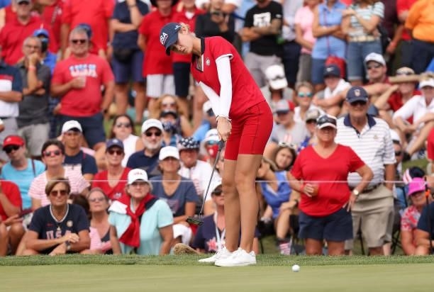 Nelly Korda of Team USA putts on the 12th green during the Foursomes Match on day one of the Solheim Cup at the Inverness Club on September 04, 2021...