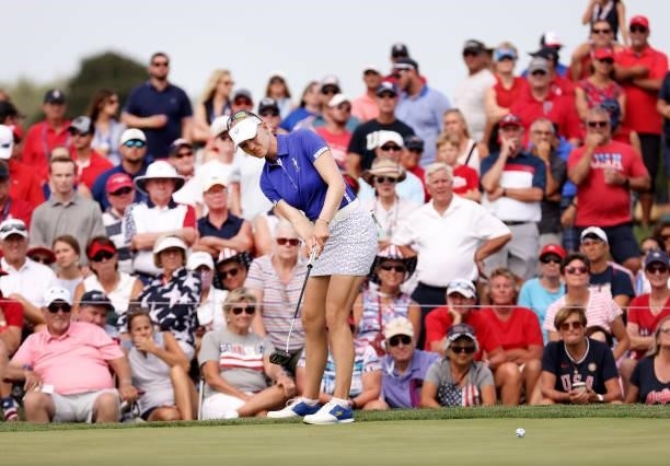 Madelene Sagstrom of Team Europe putts on the 12th green during the Foursomes Match on day one of the Solheim Cup at the Inverness Club on September...