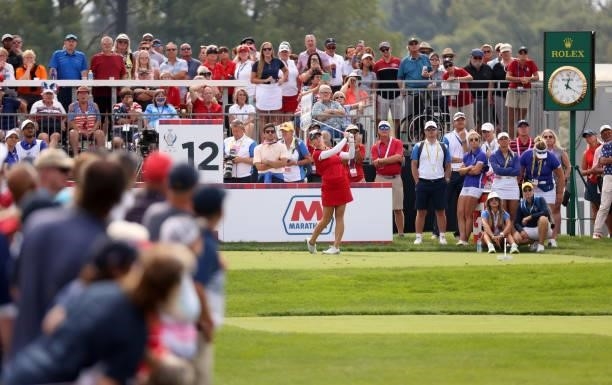 Jennifer Kupcho of Team USA plays her shot from the 12th tee during the Foursomes Match on day one of the Solheim Cup at the Inverness Club on...