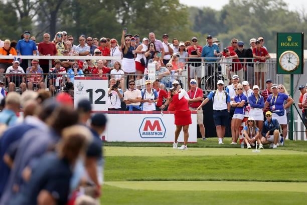 Lizette Salas of Team USA plays her shot from the 12th tee during the Foursomes Match on day one of the Solheim Cup at the Inverness Club on...