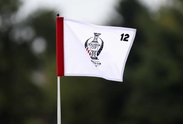 The pin flag on the 12th green during the Foursomes Match on day one of the Solheim Cup at the Inverness Club on September 04, 2021 in Toledo, Ohio.