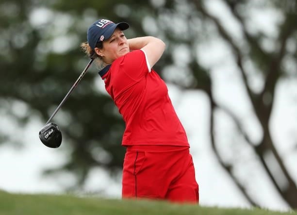 Ally Ewing of Team USA plays her shot from the 14th tee during the Foursomes Match on day one of the Solheim Cup at the Inverness Club on September...