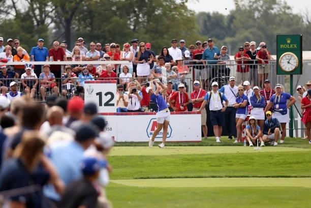 Carlota Ciganda of Team Europe plays her shot from the 12th tee during the Foursomes Match on day one of the Solheim Cup at the Inverness Club on...