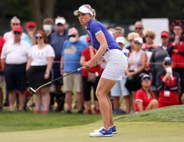 Sophia Popov of Team Europe reacts to her putt on the 12th green during the Foursomes Match on day one of the Solheim Cup at the Inverness Club on...