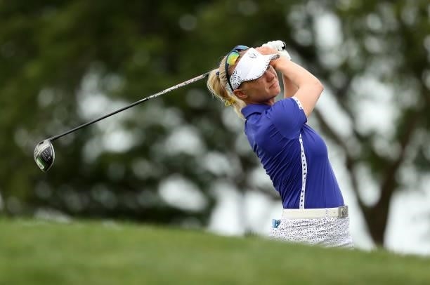 Madelene Sagstrom of Team Europe plays her shot from the 14th tee during the Foursomes Match on day one of the Solheim Cup at the Inverness Club on...