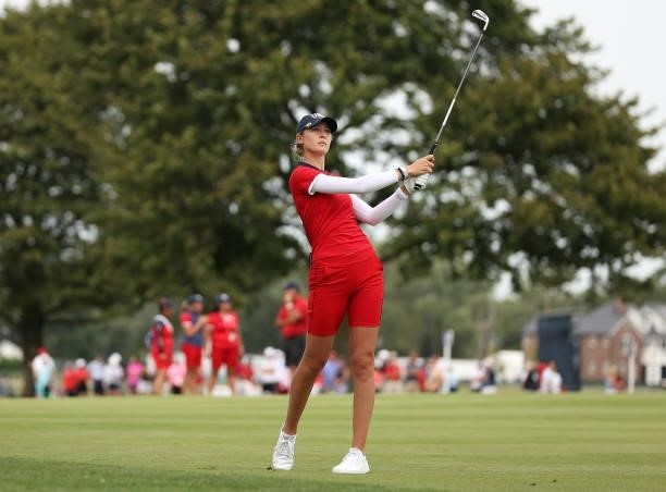 Nelly Korda of Team USA plays her second shot on the 14th hole during the Foursomes Match on day one of the Solheim Cup at the Inverness Club on...