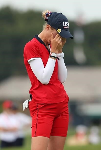 Nelly Korda of Team USA reacts on the 14th hole during the Foursomes Match on day one of the Solheim Cup at the Inverness Club on September 04, 2021...