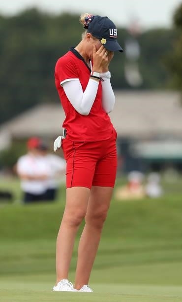 Nelly Korda of Team USA reacts on the 14th hole during the Foursomes Match on day one of the Solheim Cup at the Inverness Club on September 04, 2021...