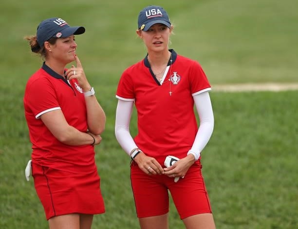 Nelly Korda of Team USA and Ally Ewing of Team USA during the Foursomes Match on day one of the Solheim Cup at the Inverness Club on September 04,...