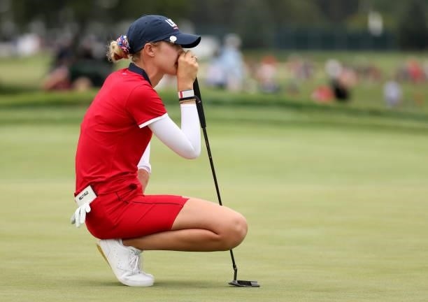 Nelly Korda of Team USA lines up a putt on the 16th green during the Foursomes Match on day one of the Solheim Cup at the Inverness Club on September...