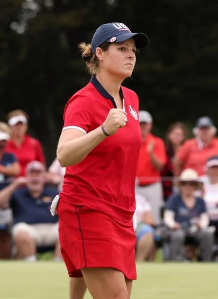 Ally Ewing of Team USA reacts on the 16th green during the Foursomes Match on day one of the Solheim Cup at the Inverness Club on September 04, 2021...