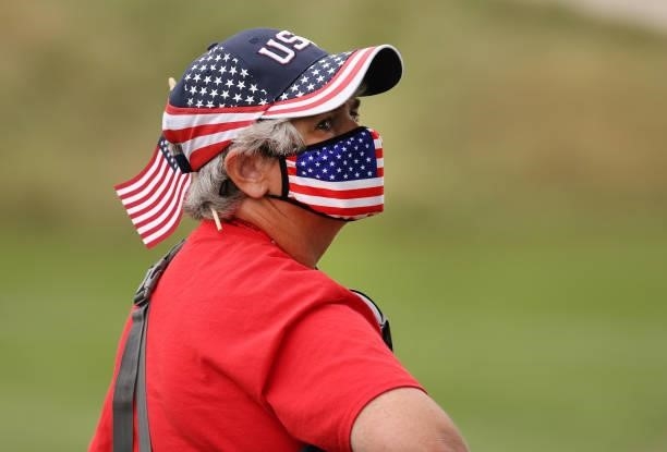 Fan watches the action during the Foursomes Match on day one of the Solheim Cup at the Inverness Club on September 04, 2021 in Toledo, Ohio.