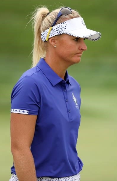 Anna Nordqvist of Team Europe reacts on the 15th green during the Foursomes Match on day one of the Solheim Cup at the Inverness Club on September...