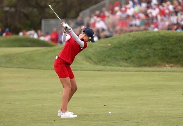 Nelly Korda of Team USA plays her shot on the 18th hole during the Foursomes Match on day one of the Solheim Cup at the Inverness Club on September...