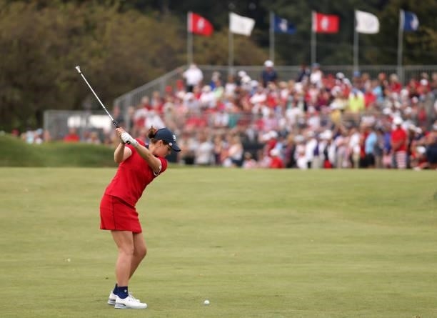 Ally Ewing of Team USA plays a shot on the 18th hole during the Foursomes Match on day one of the Solheim Cup at the Inverness Club on September 04,...