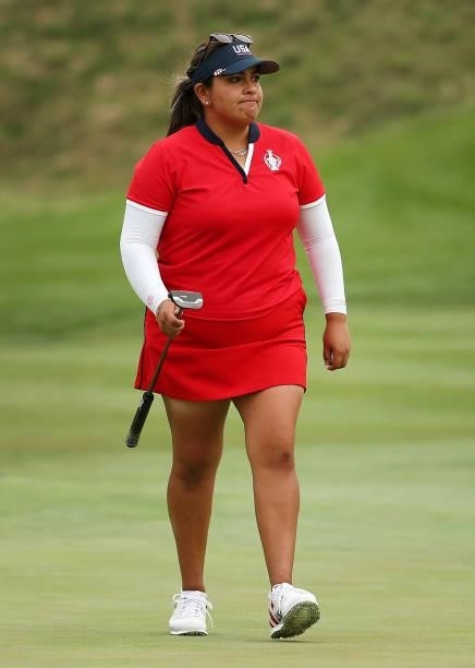 Lizette Salas of Team USA reacts on the 17th green during the Foursomes Match on day one of the Solheim Cup at the Inverness Club on September 04,...