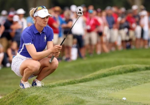 Madelene Sagstrom of Team Europe lines up a putt on the 18th green during the Foursomes Match on day one of the Solheim Cup at the Inverness Club on...