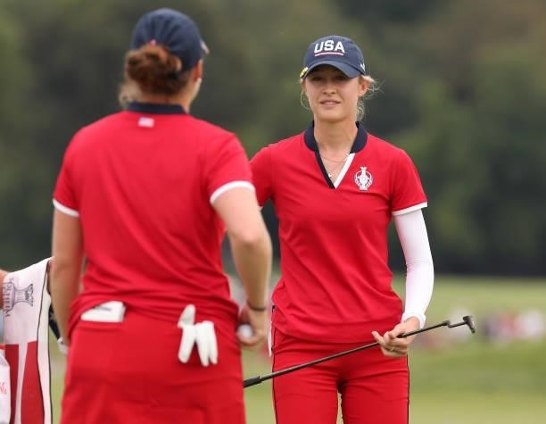 Nelly Korda of Team USA and Ally Ewing of Team USA react after winning their match during the Foursomes Match on day one of the Solheim Cup at the...