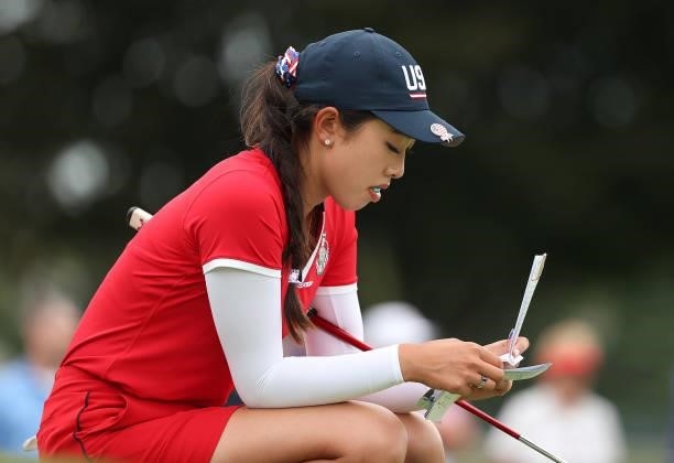 Yealimi Noh of Team USA lines up a putt on the 16th green during the Foursomes Match on day one of the Solheim Cup at the Inverness Club on September...