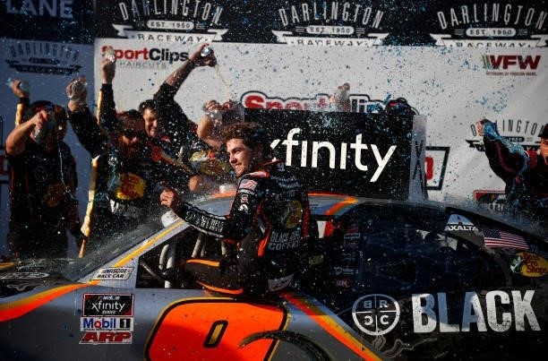 Noah Gragson, driver of the Bass Pro Shops/TrueTimber/BRCC Chevrolet, celebrates in the Ruoff Mortgage victory lane after winning the NASCAR Xfinity...