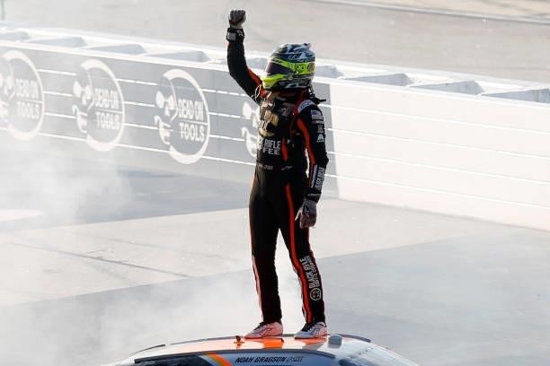 Noah Gragson, driver of the Bass Pro Shops/TrueTimber/BRCC Chevrolet, celebrates after winning the NASCAR Xfinity Series Sport Clips Haircuts VFW...