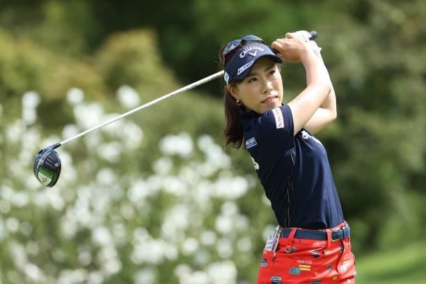 Ayako Kimura of Japan hits her tee shot on the 14th hole during the final round of the Golf5 Ladies at Golf5 Country Yokkaichi Course on September...