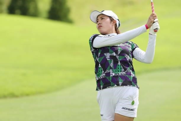 Momoko Osato of Japan hits her second shot on the 9th hole during the final round of the Golf5 Ladies at Golf5 Country Yokkaichi Course on September...