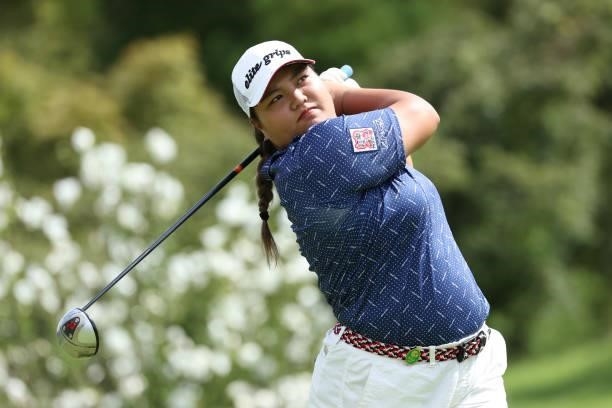 Rena Ishikawa of Japan hits her tee shot on the 14th hole during the final round of the Golf5 Ladies at Golf5 Country Yokkaichi Course on September...