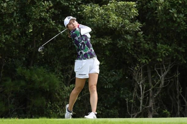 Momoko Osato of Japan hits her tee shot on the 5th hole during the final round of the Golf5 Ladies at Golf5 Country Yokkaichi Course on September 05,...