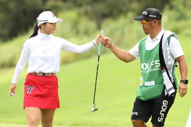 Yuri Yoshida of Japan celebrates after making her birdie putt on the 2nd hole during the final round of the Golf5 Ladies at Golf5 Country Yokkaichi...