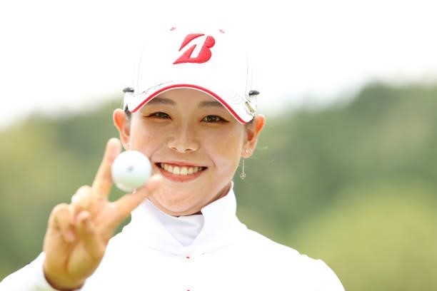 Yuri Yoshida of Japan smiles after making her birdie putt on the 2nd hole during the final round of the Golf5 Ladies at Golf5 Country Yokkaichi...