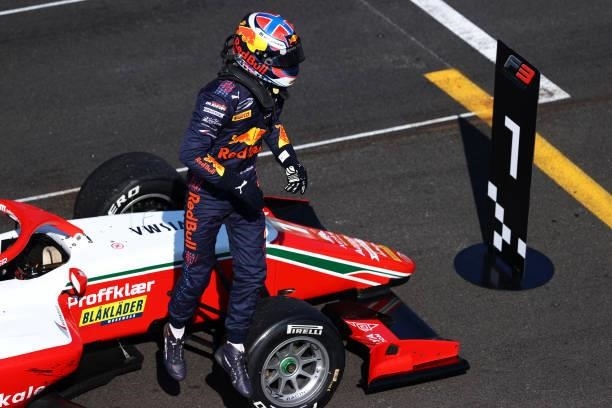Race winner Dennis Hauger of Norway and Prema Racing celebrates in parc ferme during race 3 of Round 6:Zandvoort of the Formula 3 Championship at...
