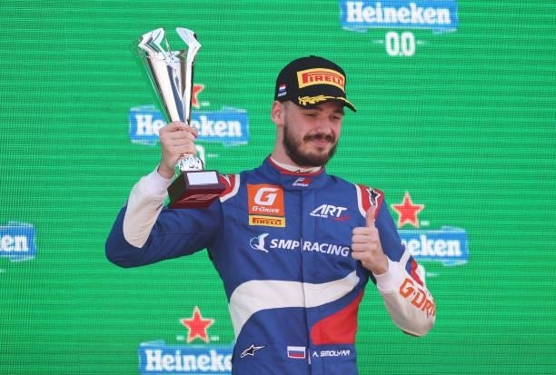 Third placed Aleksandr Smolyar of Russia and ART Grand Prix celebrates on the podium during race 3 of Round 6:Zandvoort of the Formula 3 Championship...