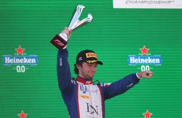 Second placed Clement Novalak of France and Trident celebrates on the podium during race 3 of Round 6:Zandvoort of the Formula 3 Championship at...