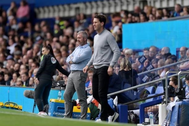 Willi Kirk manager of Everton Women and and Gareth Taylor manager of Manchester City Women during the Barclays FA Women's Super League match between...